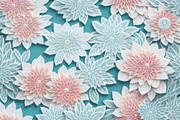 Floral background with embroidered volumetric flowers, light colors. white view