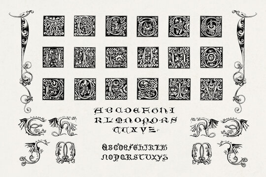 Medieval Alphabet. Decorative initial designs