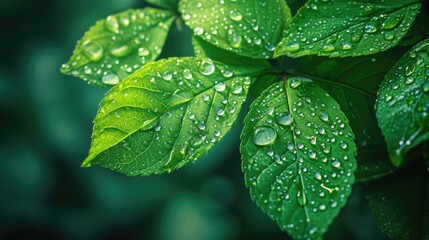 Dew on fresh spring leaves, Macro Shot, Lush Green background