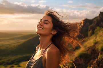 happy woman with windblown hair admires a scenic, green landscape under a cloudy sky during the golden hour, ai generative
