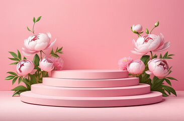 Fototapeta na wymiar A round scene on a pink background with peonies on the sides. Premium empty podium, pedestal for advertising your product. Minimal backdrop for product presentation. Showcase, display case.