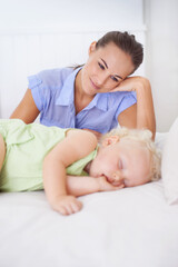 Obraz na płótnie Canvas Love, sleeping and mother with baby on bed for bonding, relax and sweet cute relationship. Happy, smile and young mom watching girl child, kid or toddler taking a nap in bedroom or nursery at home.