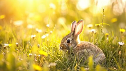 Fototapeta premium A cute rabbit hiding in the grass on a blooming spring meadow. AI generative