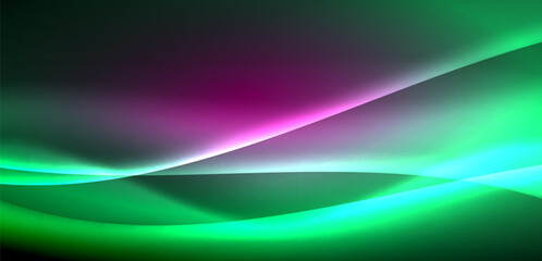 Dynamic waves in ethereal glow of neon lights. Concept merges fluidity of motion with vibrant allure of neon, crafting entrancing backdrop that embodies both vitality and futuristic sophistication