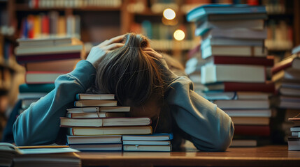 Tired student fall asleep on a pile of books in a library