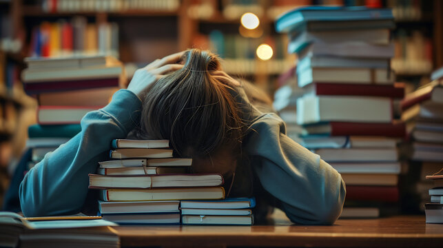 Tired student fall asleep on a pile of books in a library