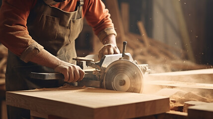 Portrait of young male carpenter work in the wood workshop - obrazy, fototapety, plakaty