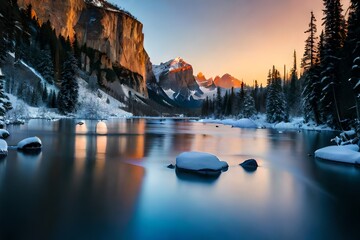 Snowfall in river with mountains - obrazy, fototapety, plakaty