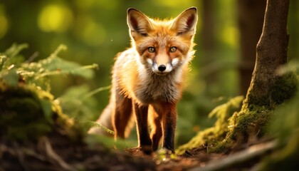 Naklejka na ściany i meble Red Fox in Forest Staring at Camera