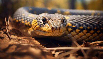 Close-up of Tiger Snake on Ground, Detailed View of Reptile in Natural Habitat