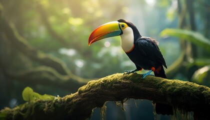Obraz premium Toco Toucan Perched on Jungle Branch in Vivid Rainforest Habitat