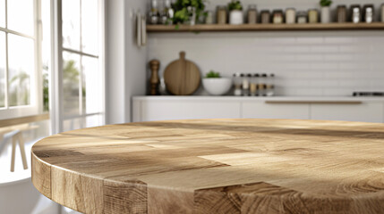 Elegant Round Wooden Tabletop in Bright, Modern Kitchen, Ideal for Product Display and Montage