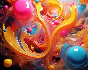 Abstract artistic background, modern art. Displacement of bright colors of multi-colored acrylic beauties with splashes, splashes, waves. 