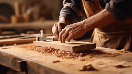 Senior carpenter craftsman hands close up carving wood - obrazy, fototapety, plakaty