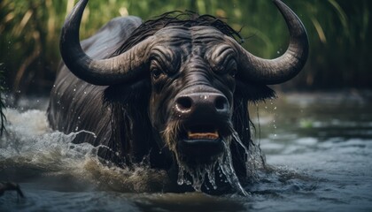 Obraz premium Majestic Wild Water Buffalo With Large Horns Wading in Water