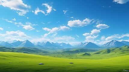 A panoramic view of a tranquil grassland, the vibrant green grass contrasting beautifully with the azure sky and fluffy clouds, and a range of mountains providing a majestic backdrop