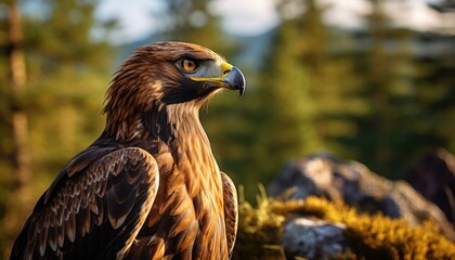 Fototapeta premium Close Up of Golden Eagle Bird of Prey Perched on Rock in Natural Setting