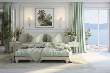 The bedroom design has an orange background with a spacious room and a view of the beach outside the window. Modern minimalist bedroom interior design. The room decoration is aesthetically luxurious a