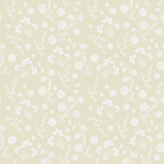 Fototapeta na wymiar Seamless floral pattern, on a light beige background, small different flowers for fabric design, wallpapers, home textiles, wrapping paper.