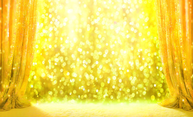 光がキラめく華やかなゴールドイエローカラーのカーテンを使った背景