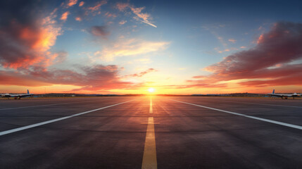 Runway, airstrip in the airport terminal with marking on blue sky with clouds background. Travel...