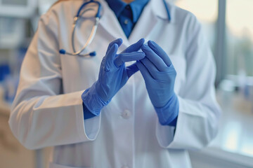 Close up of doctor putting on blue latex gloves, while wearing a white lab coat.