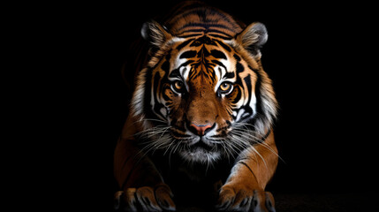 Close up Siberian Tiger walking on road through dark forest