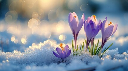 Obraz na płótnie Canvas Crocuses open amidst snow patches, close-up, anticipation of spring, nature awakens