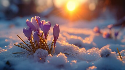 Crocuses open amidst snow patches, close-up, anticipation of spring, nature awakens - obrazy, fototapety, plakaty