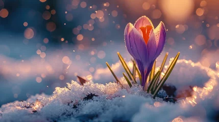 Foto op Canvas Crocuses open amidst snow patches, close-up, anticipation of spring, nature awakens © Татьяна Креминская