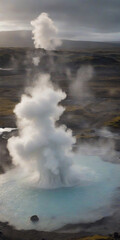 Obraz premium geysers erupting and hot springs steaming in the otherworldly landscapes of Iceland. ai generative