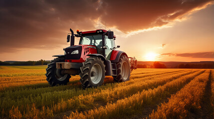 Fototapeta premium in the field, tractor harvesting. Farmer trying to finish sunset works with his tractor.