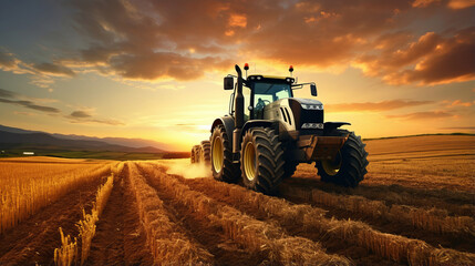 Fototapeta premium in the field, tractor harvesting. Farmer trying to finish sunset works with his tractor.