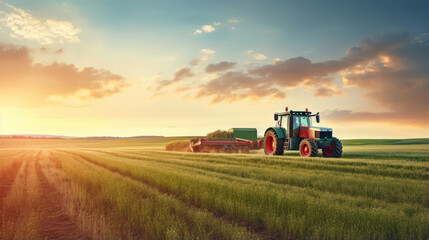 in the field, tractor harvesting. Farmer trying to finish sunset works with his tractor.