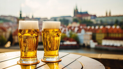 Prague Cheers: Beer Glasses with Blurry Cityscape Backdrop - obrazy, fototapety, plakaty
