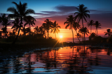 Cartoon flat panoramic landscape, sunset with the palms on colourful background.  illustration. - obrazy, fototapety, plakaty