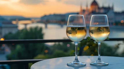 Fotobehang Cultural Fusion: Wine Tasting with Budapest's Blurry Skyline © TimeaPeter