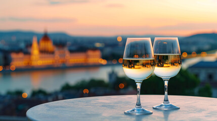 Fototapeta premium Budapest Twilight Delight: Hungarian White Wines with City Lights