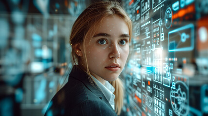 Portrait of a woman looking at augmented reality display .