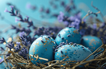 Fototapeta na wymiar Easter Nest Delight: Blue Dyed Eggs with Lavender Decor
