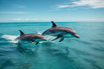 Fototapeta premium Dolphins swim in water