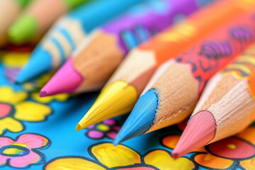 Obraz premium Colorful wooden pencils and playful doodles. Handmade children's crayons and drawings close-up.