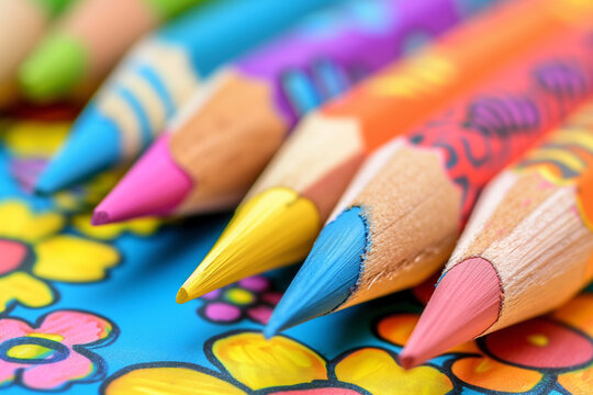 Colorful wooden pencils and playful doodles. Handmade children's crayons and drawings close-up.