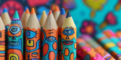 Colorful wooden pencils and playful doodles. Handmade children's crayons and drawings close-up. - Powered by Adobe