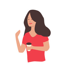 Girl with takeaway tea cup in hand. Young female holding coffee to go. Flat illustration
