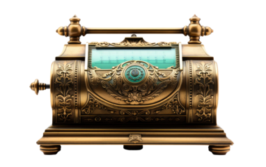 History with an Antique Brass Cash Register in Timeless Stores on a White or Clear Surface PNG Transparent Background