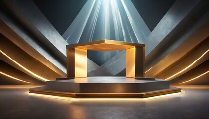 a 3D rendering against a backdrop of luxury and radiance, portraying a sophisticated technology exhibition stand concept in an illustrious scene illustratio