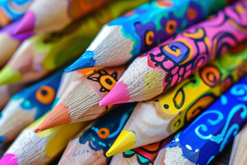 Fototapeta premium Colorful wooden pencils and playful doodles. Handmade children's crayons and drawings close-up.