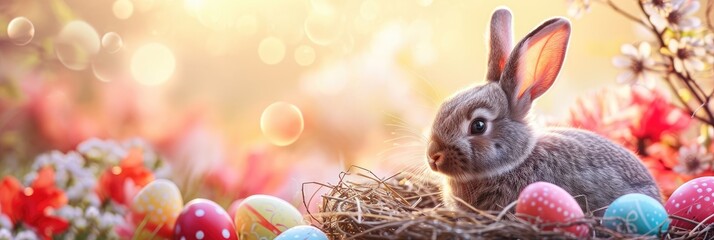 Banner cute bunny with colorful easter eggs in nest, spring and festive background - obrazy, fototapety, plakaty