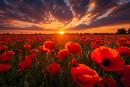 Field sunset with red flowers, spring season. Generative AI © Joseph